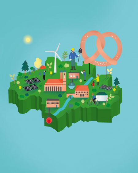 Abstrakte Illustraion der Stadt München mit ihren Sehenswürdigkeiten und erneuerbaren Energien