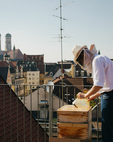 Kriminalrat Jürgen Brandl in Imkerkleidung hantiert mit Bienenstock auf dem Dach des Polizeipräsidiums München