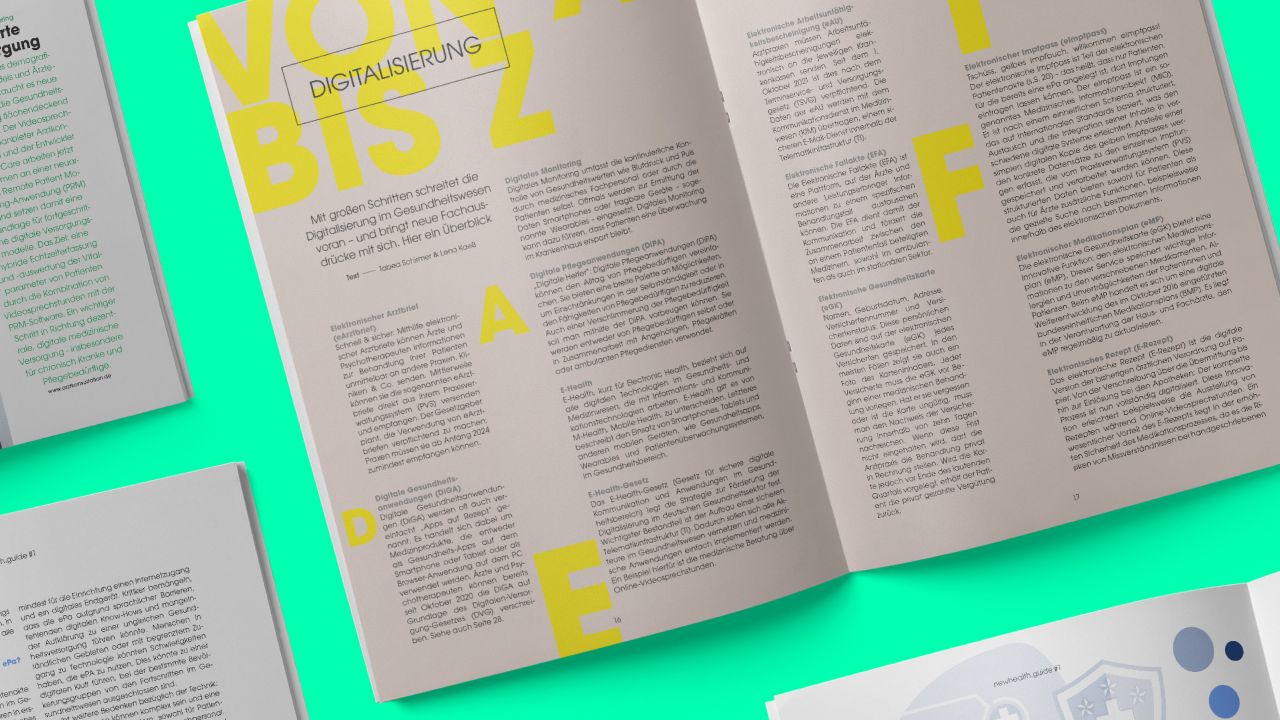 Aufgeschlagene Doppelseite des Magazins NewHealth.Guide zeigt den Artikel „Digitalisierung von A bis Z“ mit gelber Typografie