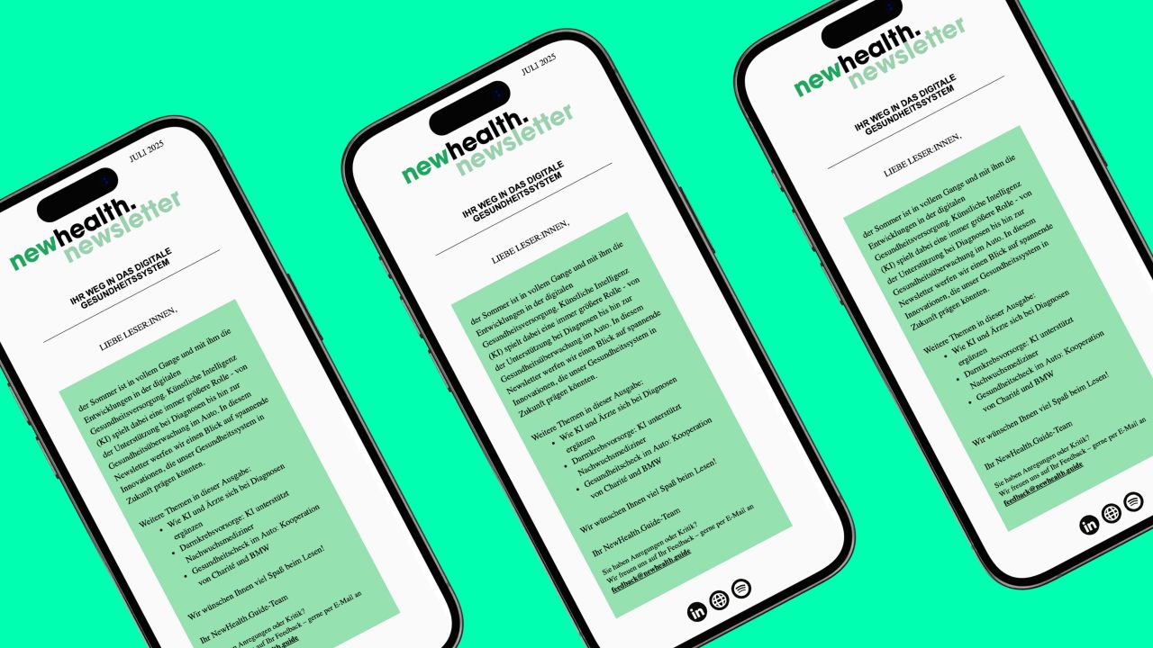 Mehrere Smartphones zeigen verschiedene Ausgaben des NewHealth.Newsletters