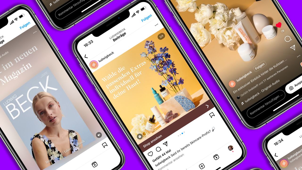 Nahaufnahme mehrerer Smartphones, die den Instagram-Feed von Ludwig Beck mit verschiedenen Posts zu Beauty- und Lifestyle-Themen anzeigen.