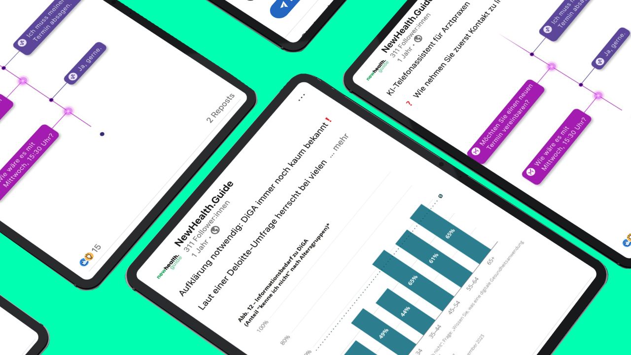 Mehrere Tablets zeigen Social-Media-Posts des NewHealth.Guide auf LinkedIn