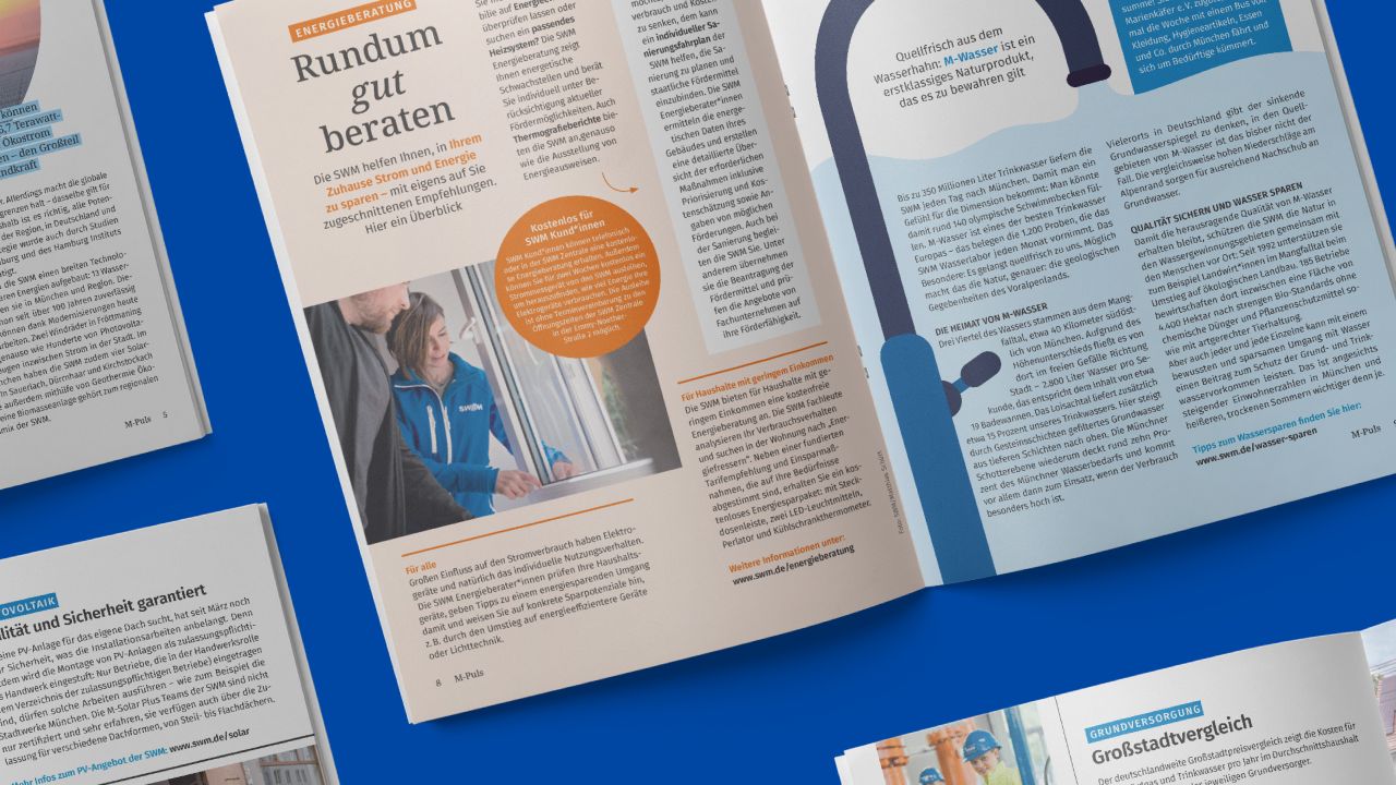 Aufgeschlagene Doppelseite des M-PULS Magazins mit den Artikeln "Rundum gut beraten" zur Energieberatung und "Quellfrisch" zum Münchner Wasser