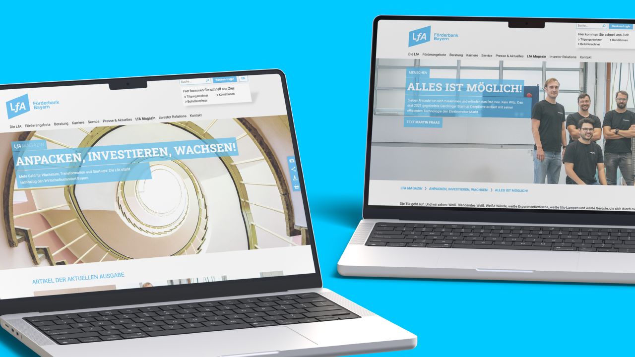 Zwei Laptops zeigen die Startseite des LfA Online-Magazins und eine Artikelseite auf blauem Hintergrund Zwei Laptops zeigen die Startseite des LfA Online-Magazins und eine Artikelseite auf blauem Hintergrund