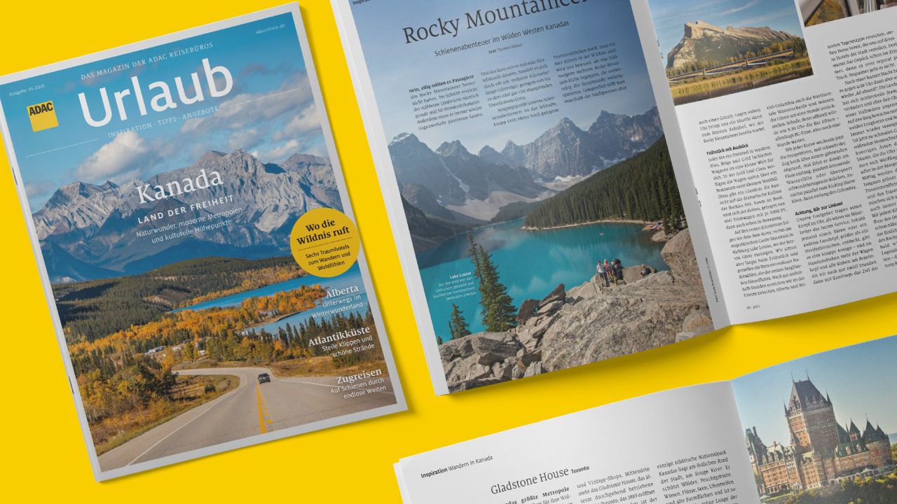Cover und aufgeschlagene Doppelseite des Reisemagazins ADAC Urlaub mit dem Titelthema Kanada