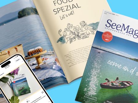 Titelseite des SeeMagazins, aufgeschlagene Doppelseite mit dem Titel "FOOD SPEZIAL" und Smartphone mit dem Instagram-Feed des SeeMagazins auf hellblauem Hintergrund