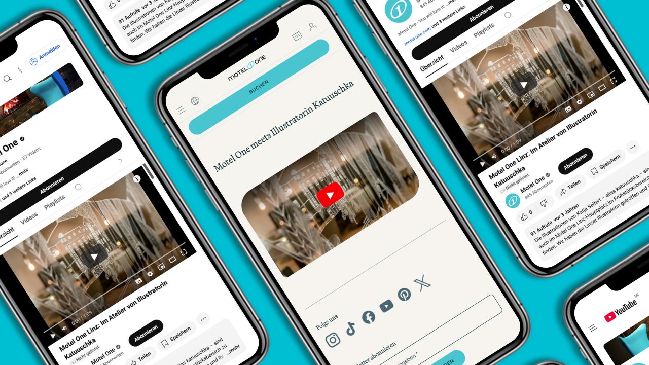 Mehrere Smartphones auf blauem Hintergrund zeigen verschiedene auf YouTube und der Motel One Website eingebundene Videos