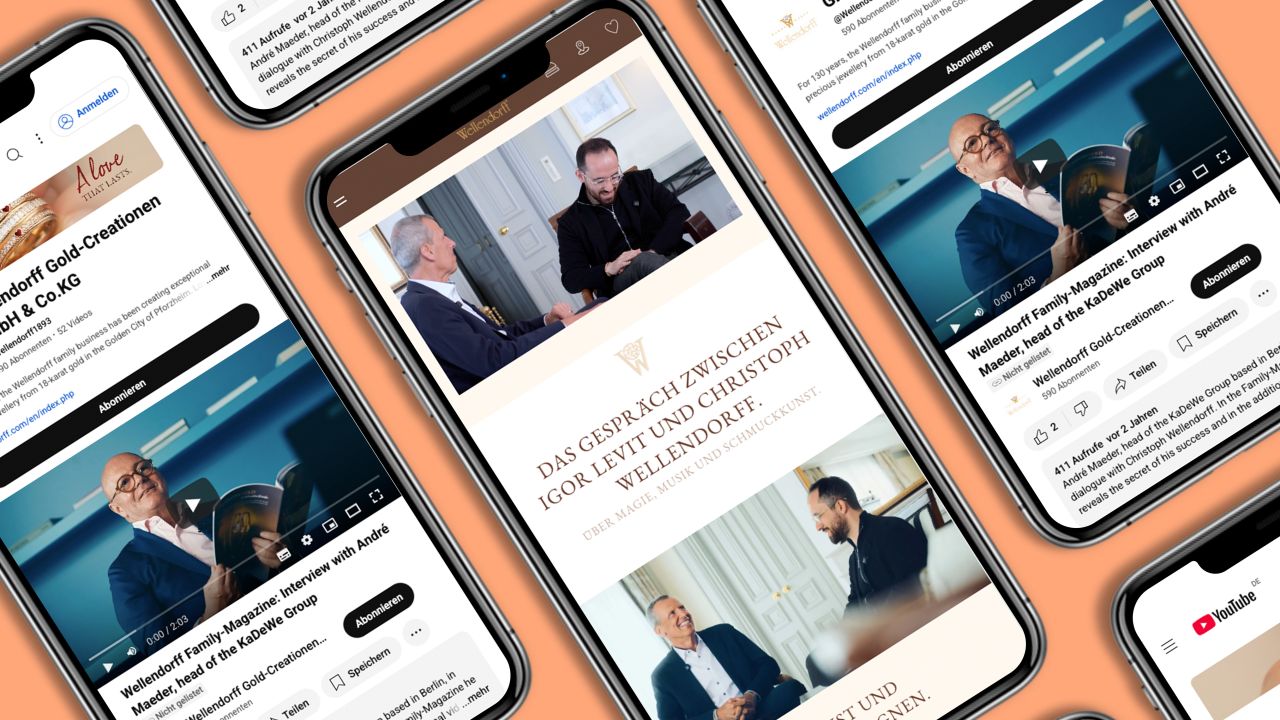 Mehrere Smartphones zeigen die digitale Version des Wellendorff Familien-Magazins mit einem eingebetteten Video-Interview mit Igor Levit und Christoph Wellendorff