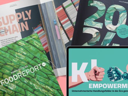 Auswahl von Print-Publikationen des Zukunftsinstituts und einem iPad mit dem Future Business Guide KI Empowerment