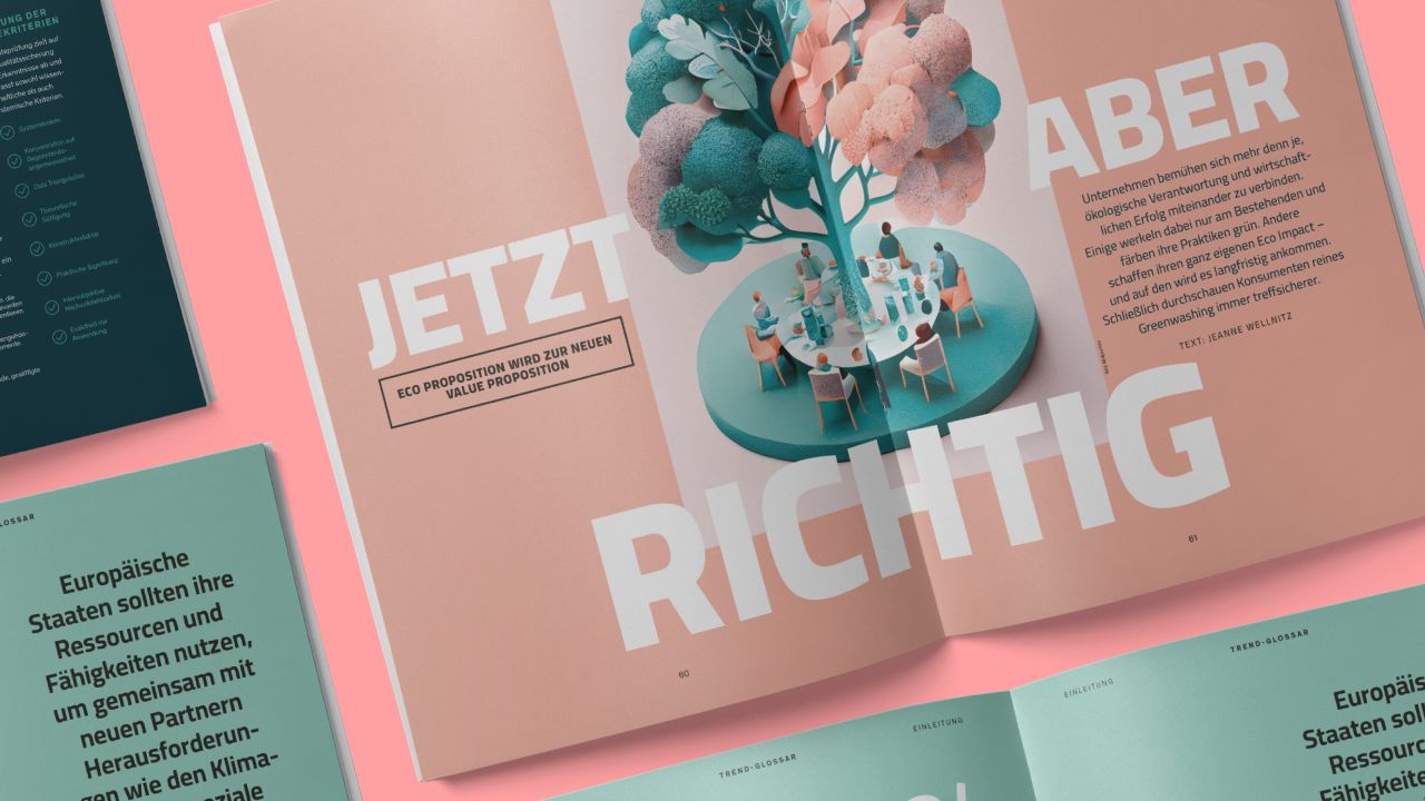 Aufgeschlagene Doppelseite der "Megatrendstudie: Globalisierung" des Zukunftsinstituts mit einer Illustration von Menschen, die um einen stilisierten Baum sitzen.