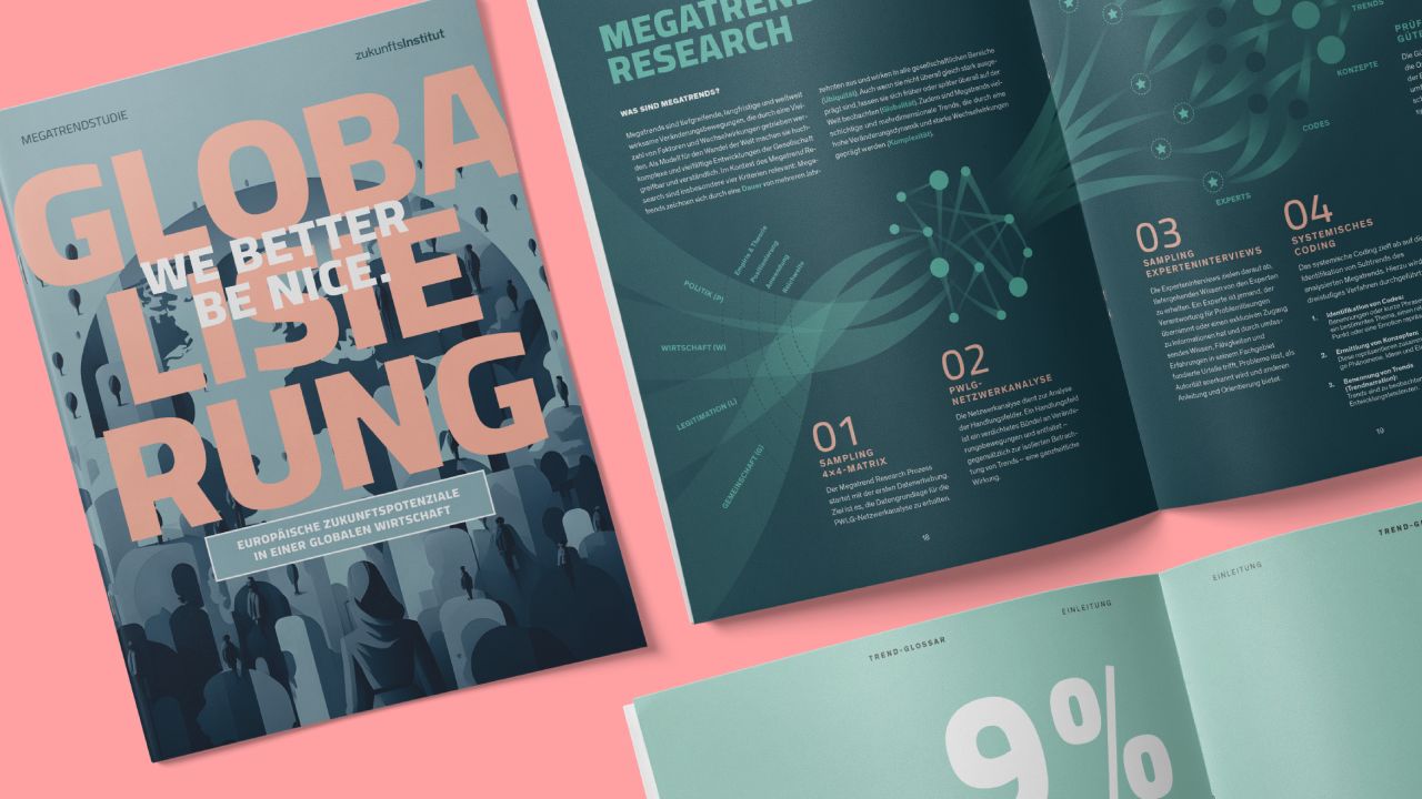 Cover der "Megatrendstudie: Globalisierung" des Zukunftsinstituts mit einer aufgeschlagenen Doppelseite mit Infografik