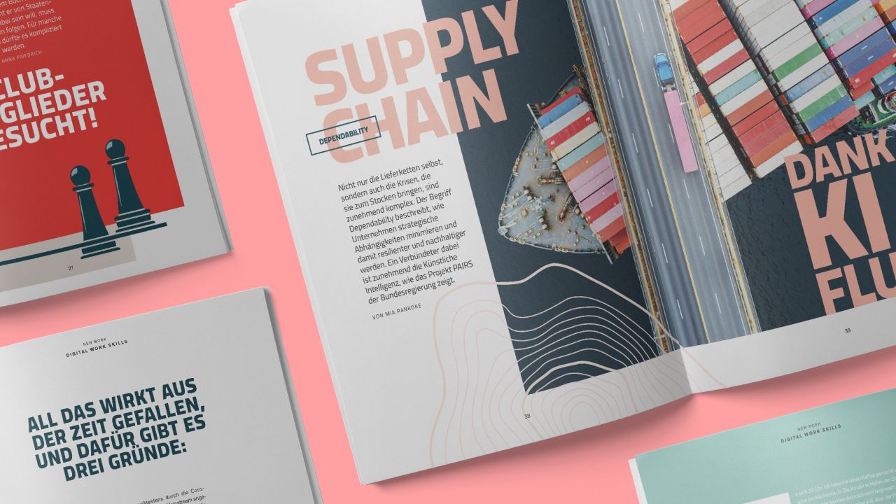 Aufgeschlagene Doppelseite aus dem „Zukunftsreport 2024“ des Zukunftsinstituts mit Luftaufnahme von Schiffscontainern in einem Hafen