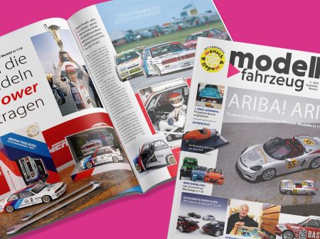 Aufgeschlagene Artikelseite und Cover des Magazins MODELL FAHRZEUG auf magentafarbenem Hintergrund