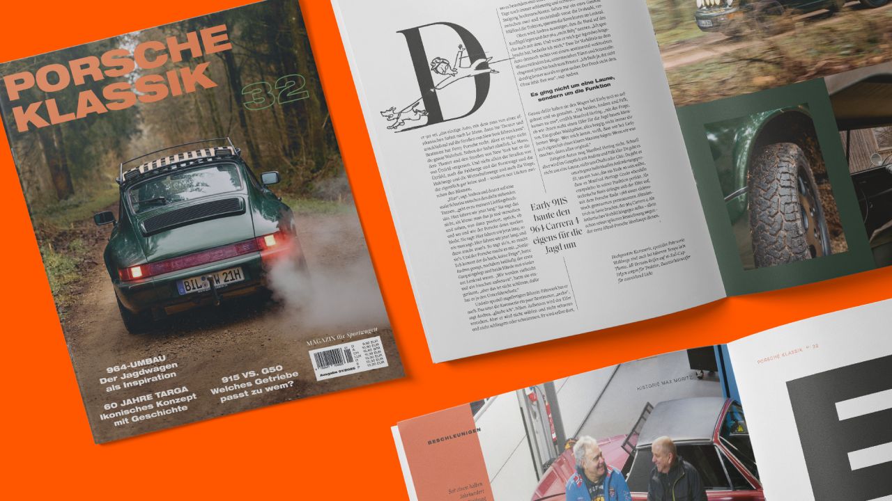 Cover des PORSCHE KLASSIK Magazins (Ausgabe 32) und aufgeschlagene Artikelseite mit Text und Detailfotos auf orangefarbenem Hintergrund