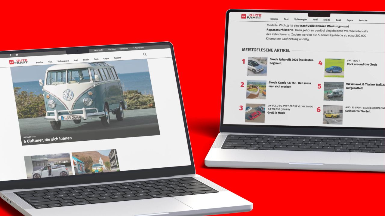Zwei Laptops vor rotem Hintergrund, die verschiedene Inhaltsseiten der GUTE FAHRT Website anzeigen