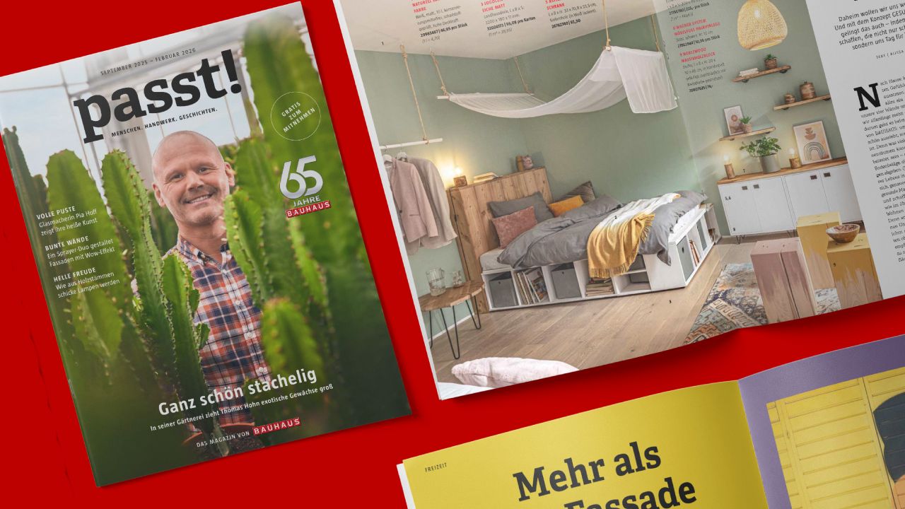 Cover und aufgeschlagene Doppelseite aus dem "passt!" Magazin von BAUHAUS