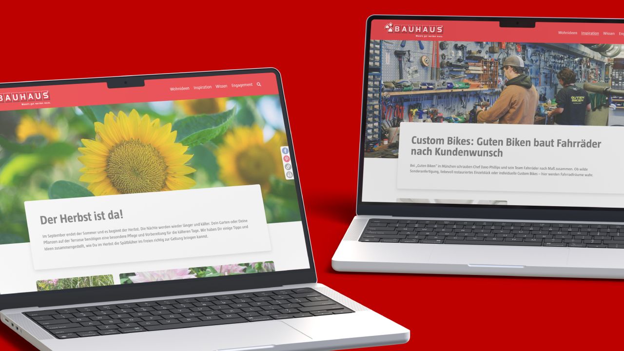 Zwei Laptops zeigen die BAUHAUS-Website richtiggut.de