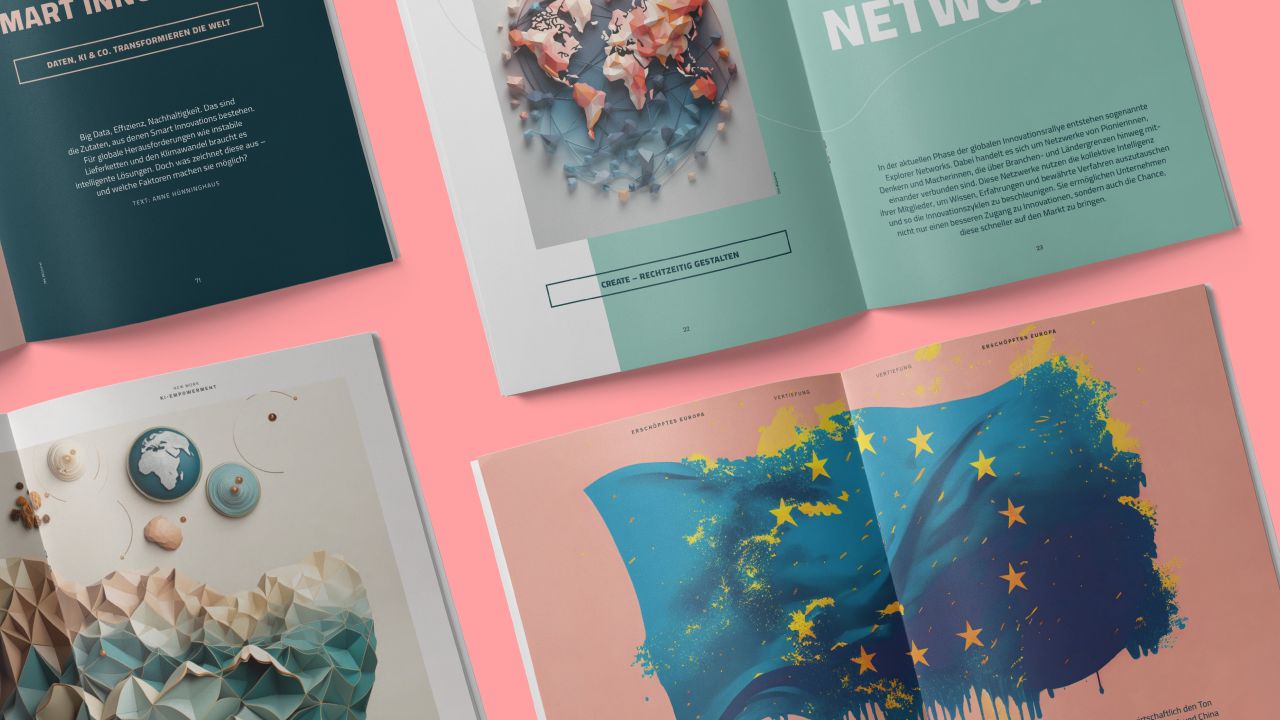 Mehrere aufgeschlagene Publikationen des Zukunftsinstituts mit KI-generierten Visualisierungen, darunter eine Landkarte und eine wehende Europaflagge