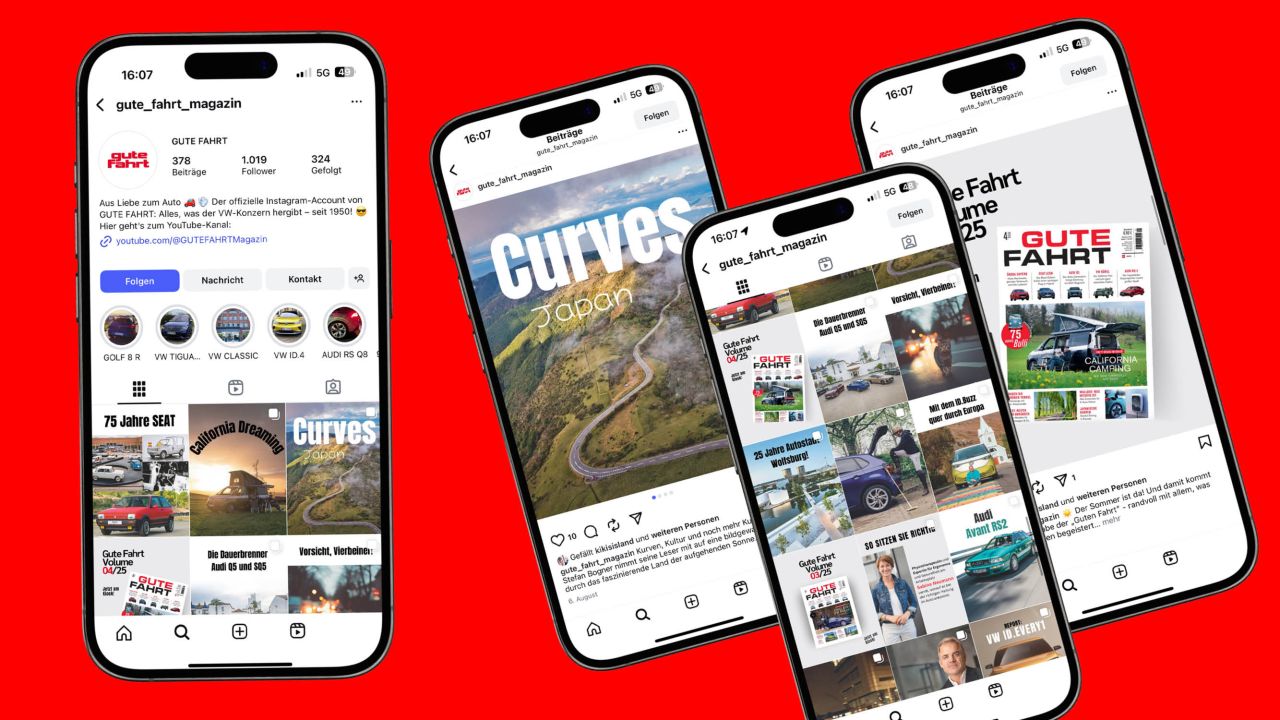 Vier Smartphones auf rotem Hintergrund, die verschiedene Ansichten des Instagram-Kanals @gute_fahrt_magazin zeigen.