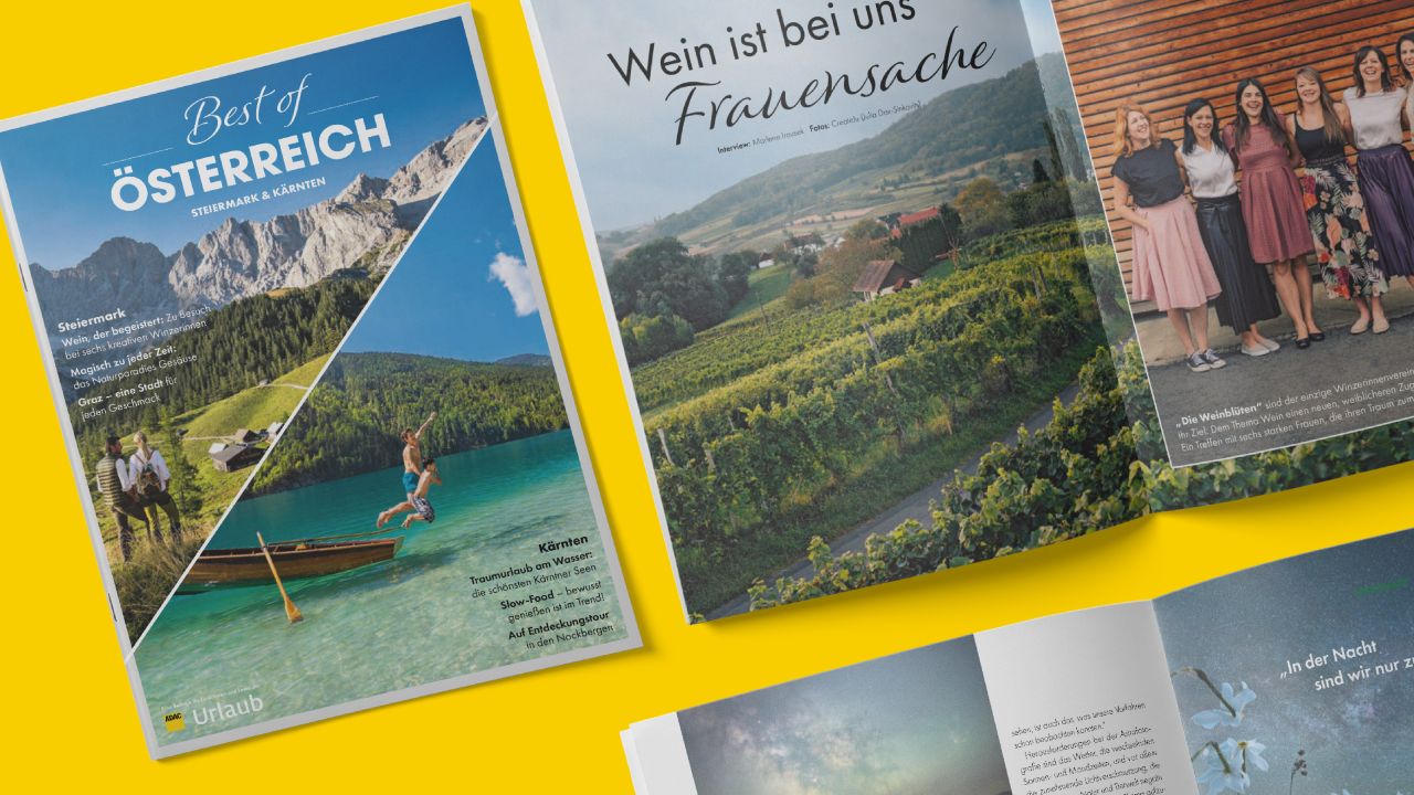Cover und aufgeschlagene Doppelseite der Beilage "Best of Österreich" zum Reisemagazin ADAC Urlaub