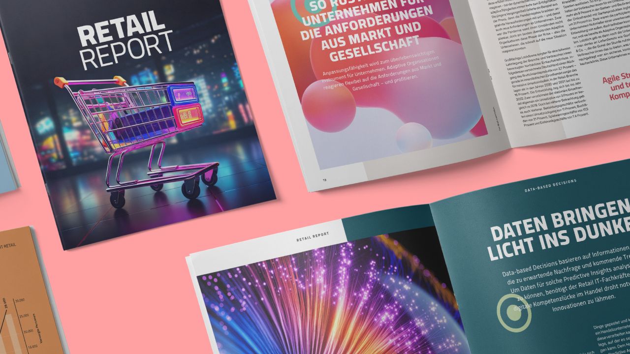 Cover und mehrere aufgeschlagene Doppelseiten aus dem "Retail Report" des Zukunftsinstituts