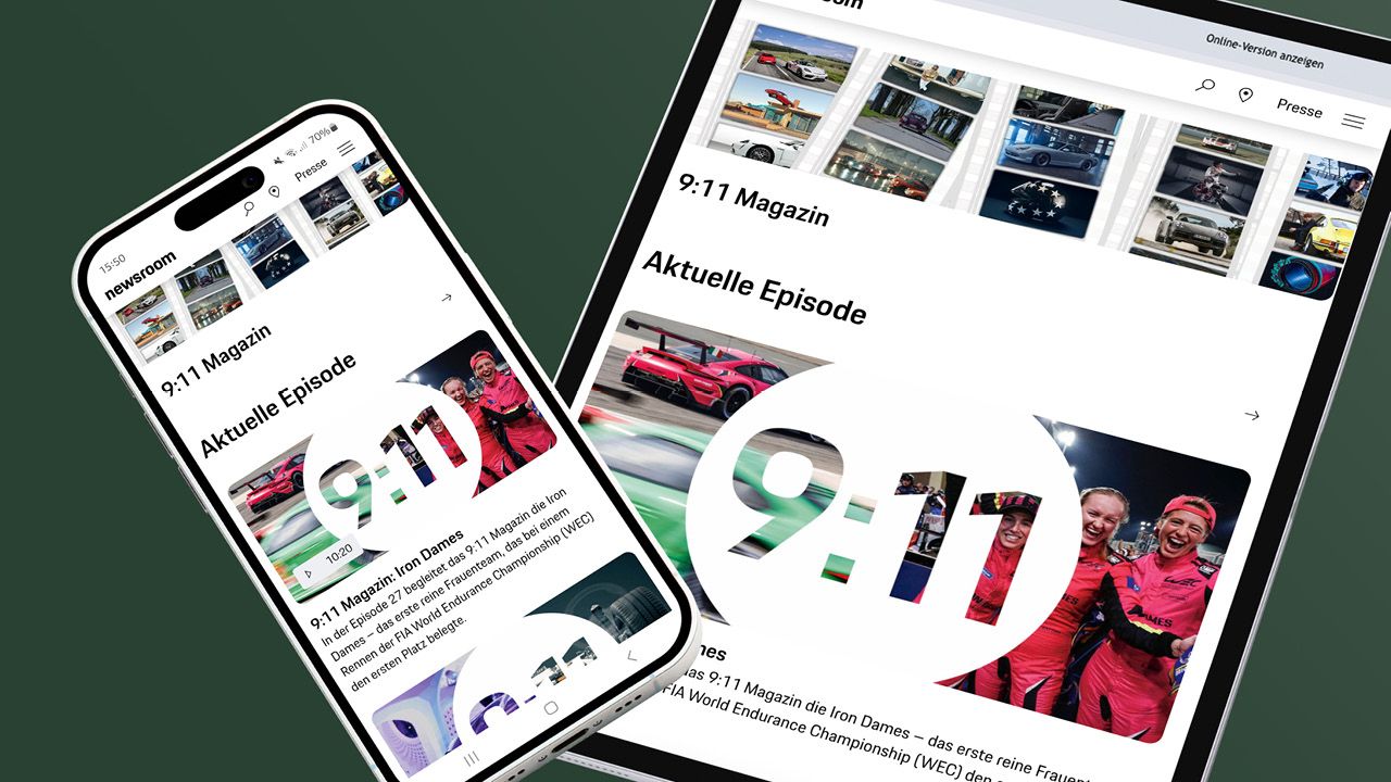Startseite des Porsche-Bewegtbildformats "9:11 Magazin", dargestellt auf einem Smartphone und auf einem Tablet