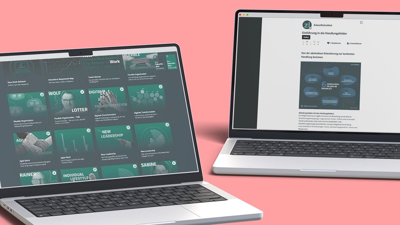 Zwei Laptops zeigen Websites zu den digitalen Working-Tools des Zukunftsinstituts