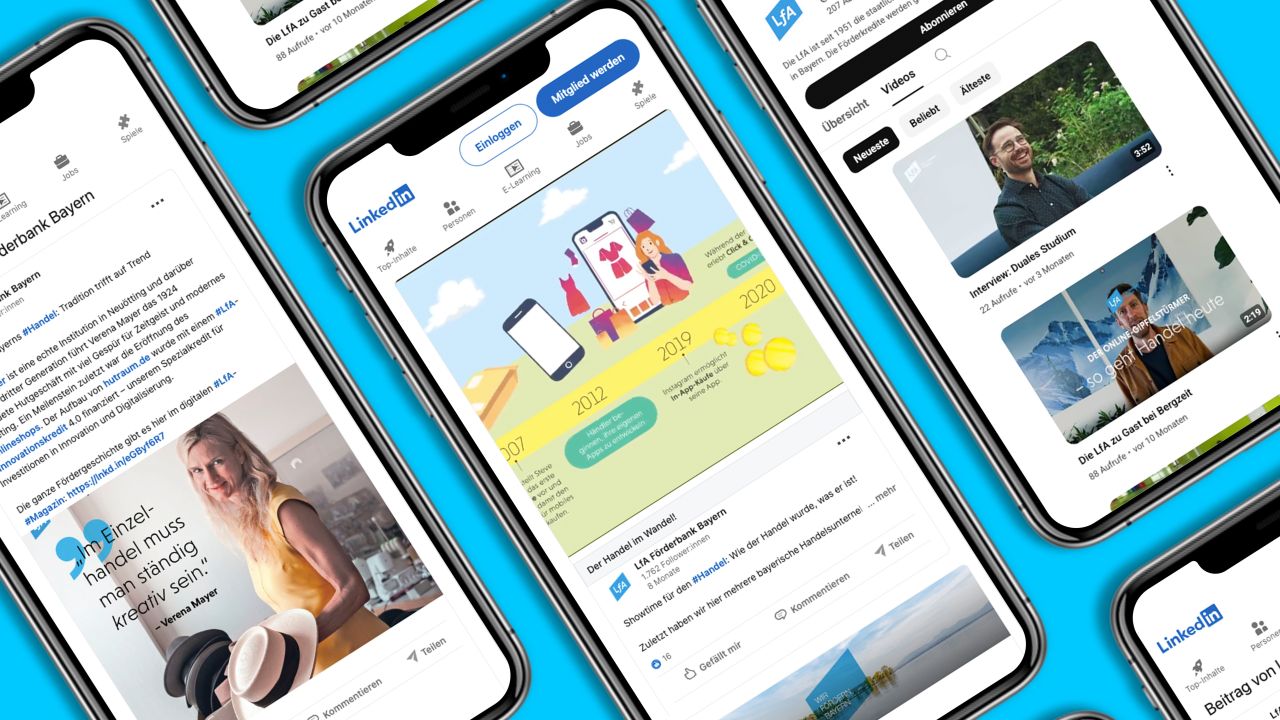 Mehrere iPhones auf blauem Hintergrund zeigen Social-Media-Posts der LfA Förderbank Bayern auf LinkedIn Mehrere iPhones auf blauem Hintergrund zeigen Social-Media-Posts der LfA Förderbank Bayern auf LinkedIn
