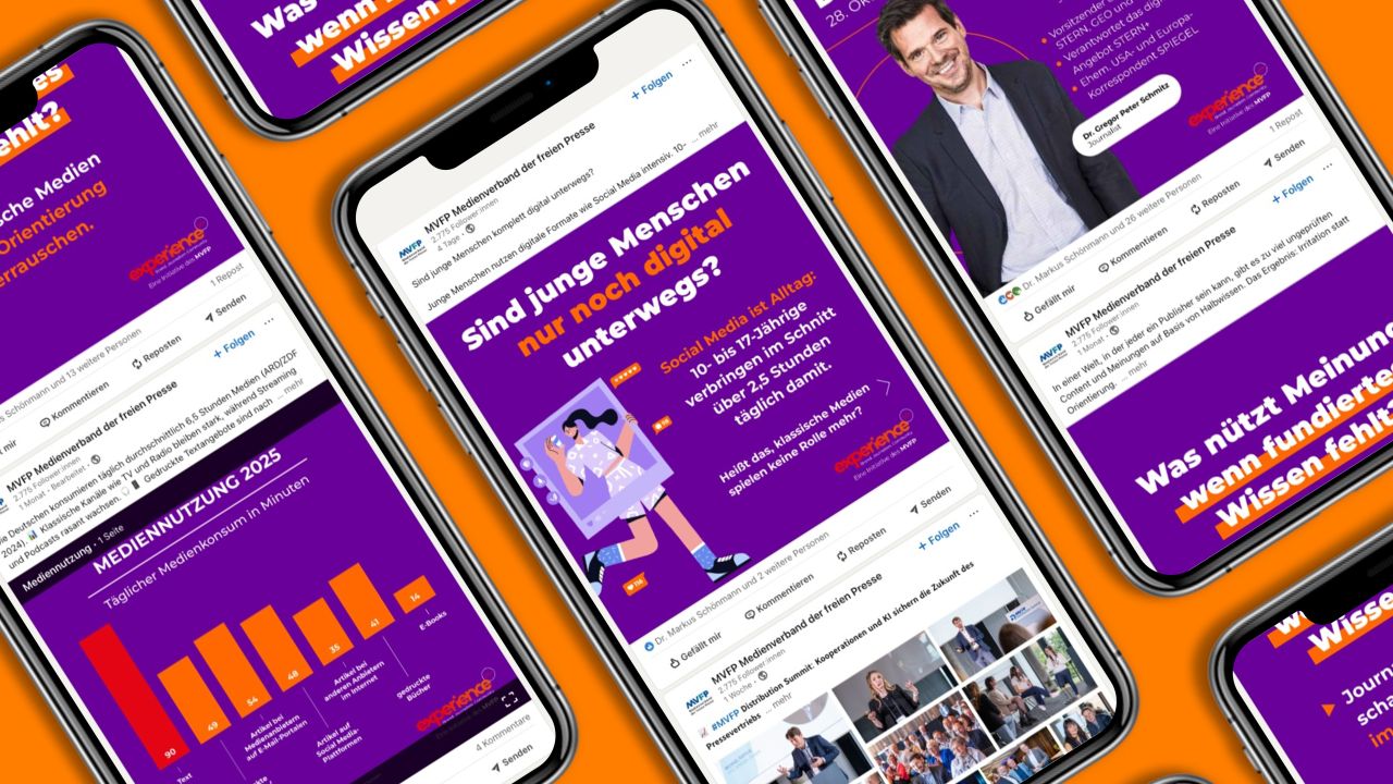 Mehrere iPhones mit orangefarbenem Hintergrund, auf denen LinkedIn-Posts für den MVFP Experience Day mit Infografiken und Fotos zu sehen sind