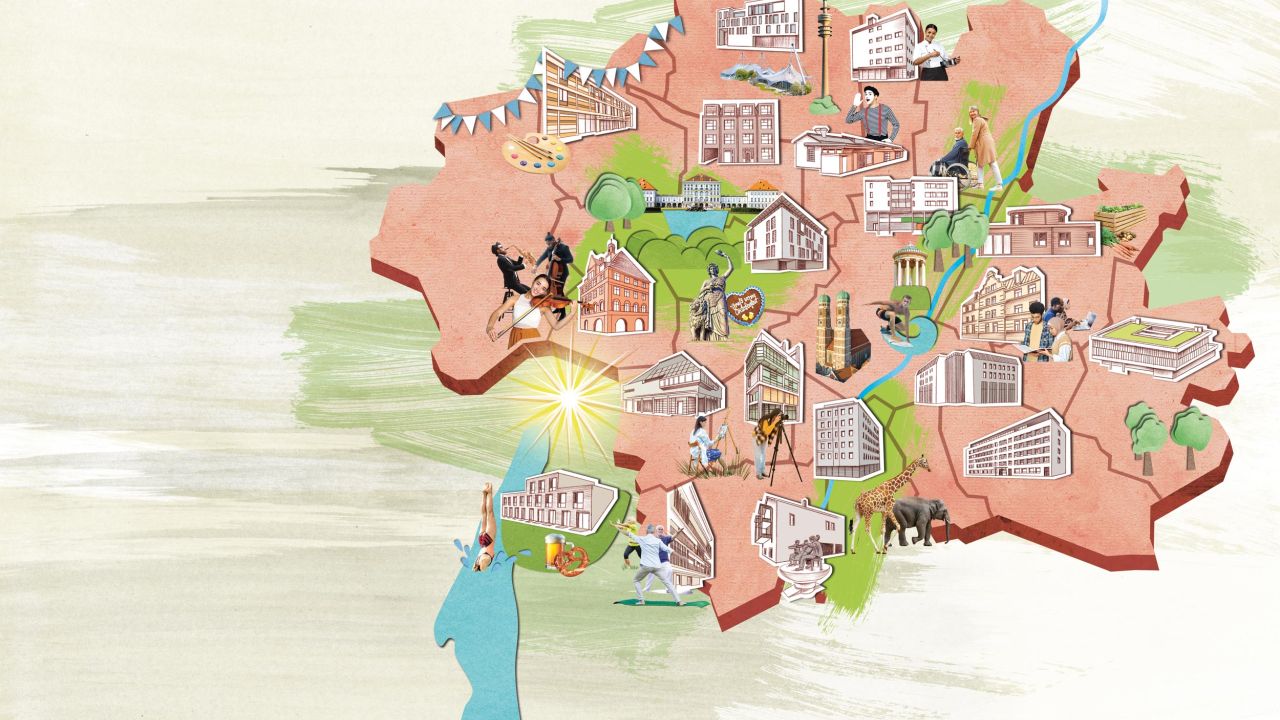 Bunte Illustration, die eine stilisierte Karte von München und dem Starnberger See mit Gebäuden und Menschen zeigt