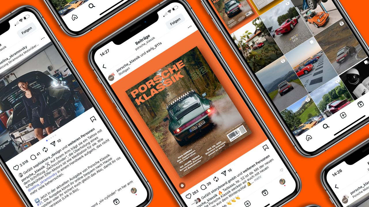 Mehrere Smartphones zeigen den Instagram-Feed des PORSCHE KLASSIK Magazins auf orangefarbenem Hintergrund