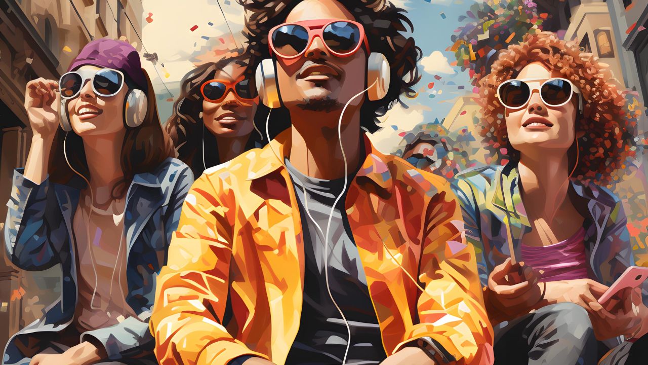 Bunte, im Comic-Stil gehaltene KI-Illustration zeigt eine diverse Gruppe junger Erwachsener im Konfettiregen