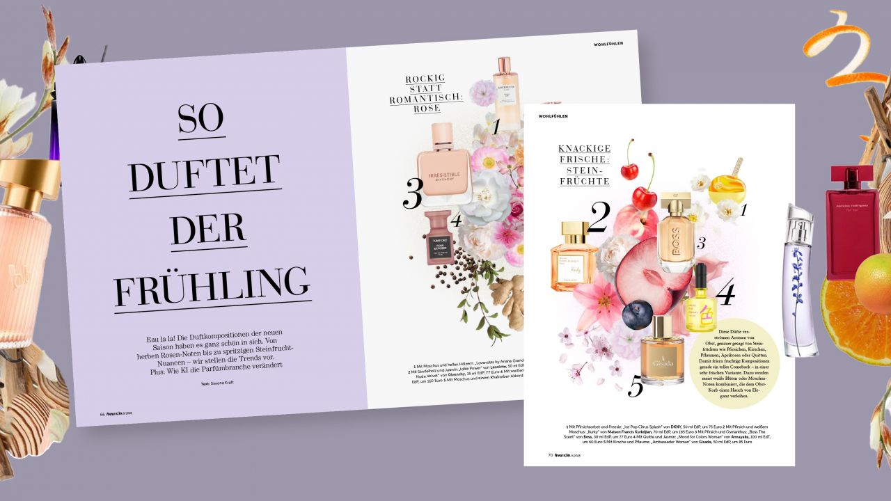 Collage eines Zeitschriftenartikels über Frühlingsdüfte mit verschiedenen Parfümflaschen, Blüten und Fruchtelementen auf lila Hintergrund