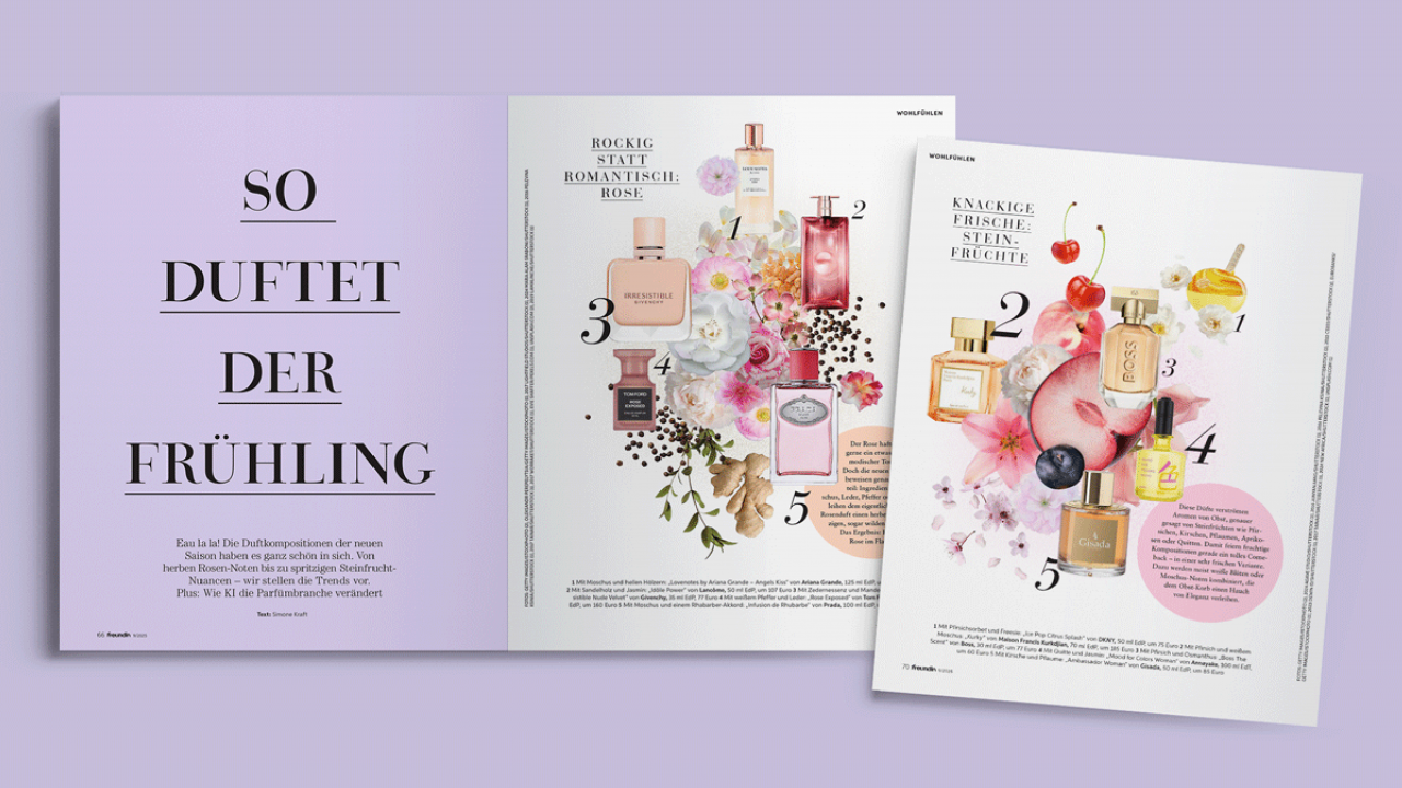 Collage of a magazine article about spring fragrances featuring various perfume bottles, blossoms, and fruit elements on a purple background