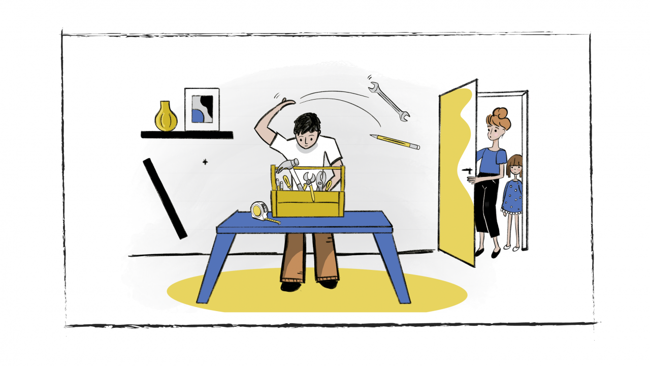 Eine reduzierte Farbskizze zeigt einen Mann mit Werkzeugkoffer an einem Tisch, beobachtet von einer Frau und einem Kind an der Tür
