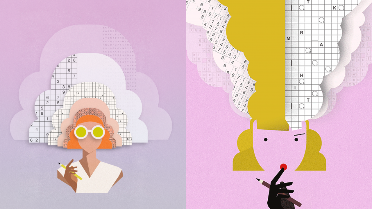 Two illustrations in a flat design style show female figures holding pens, with cloud-like shapes featuring Sudoku and crossword puzzles emerging from their heads